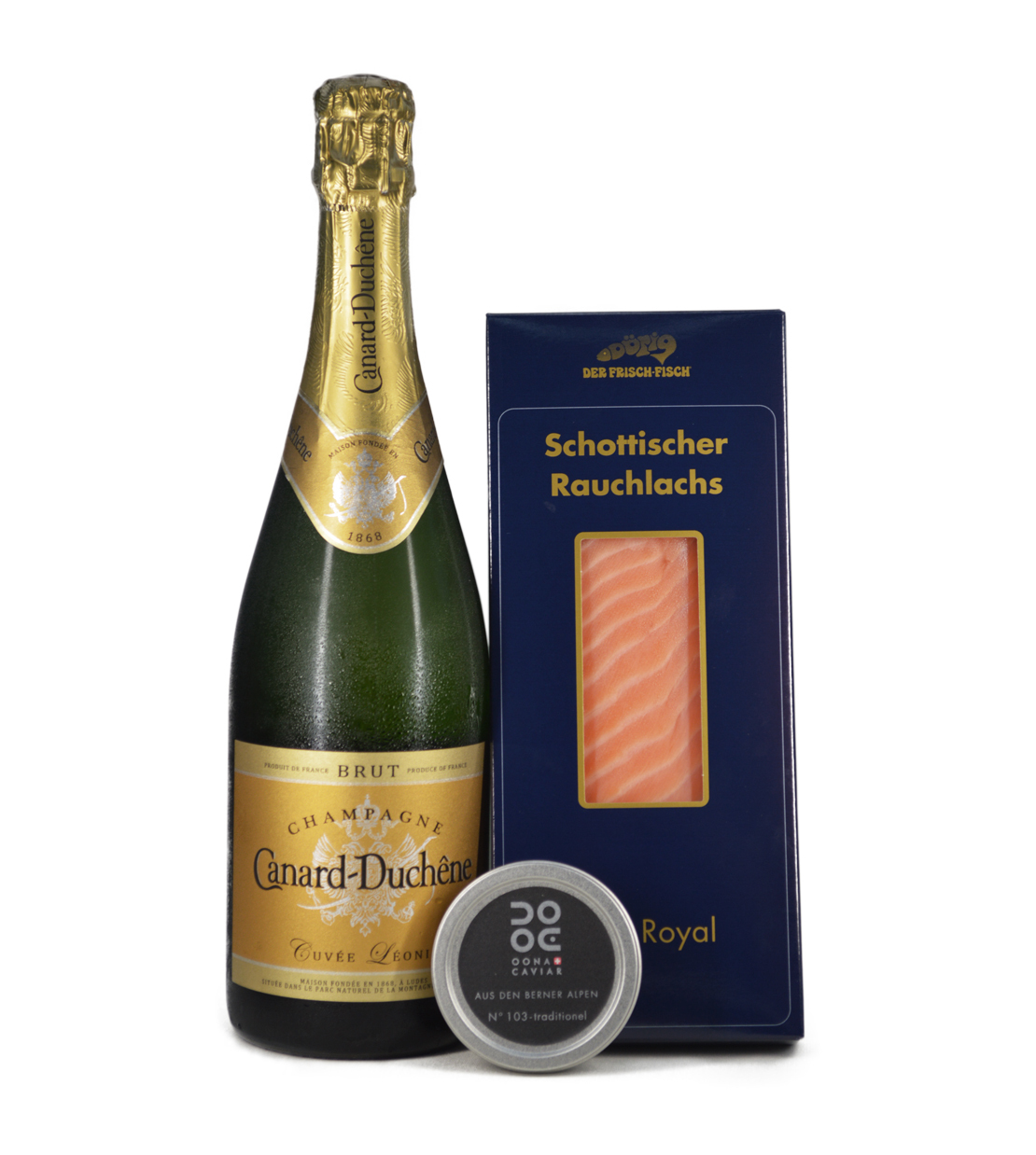 Oona Caviar N°103 - traditionnel, Schottischer Rauchlachs & Canard-Duchêne Cuvée Léonie Brut